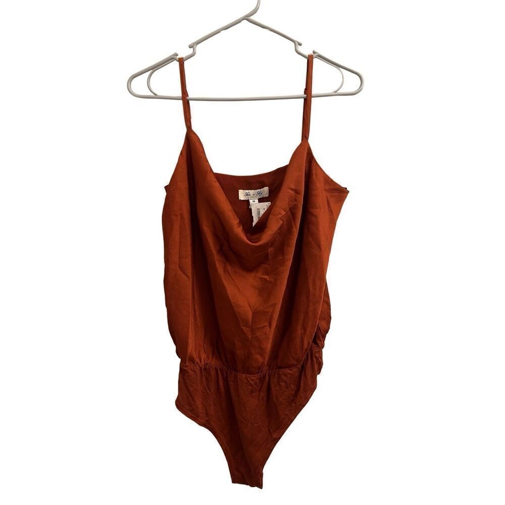 NWT She + Sky drape neck bodysuit rust color M
